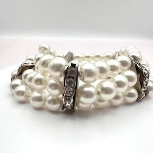 Vintage 90s Multi-Strand Faux Pearl Stretch Bracelet Rhinestone Spacers Jewelry